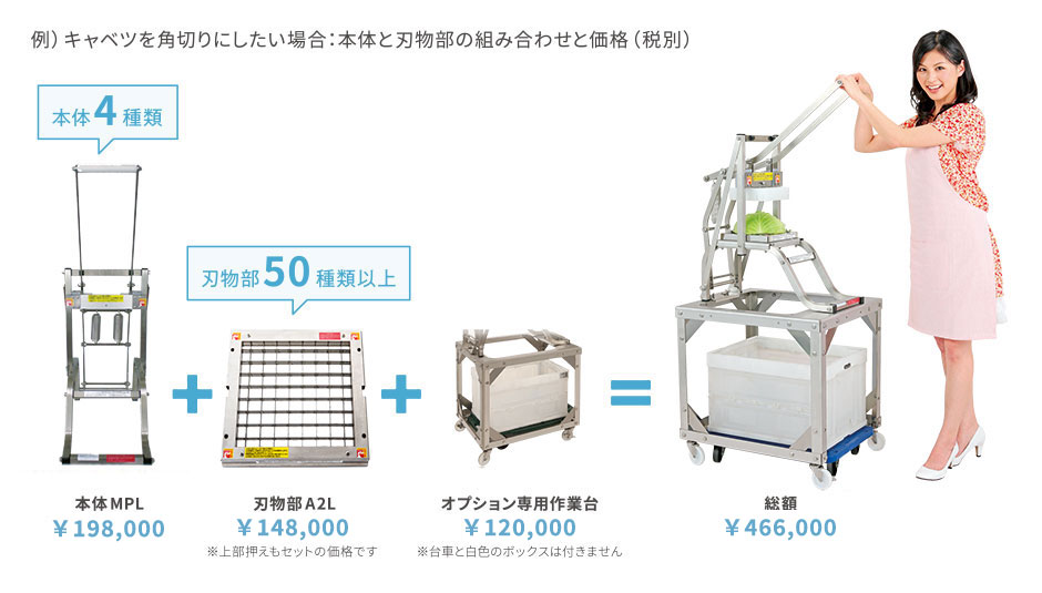 例）キャベツを角切りにしたい場合：本体と刃物部の組み合わせと価格（税別）